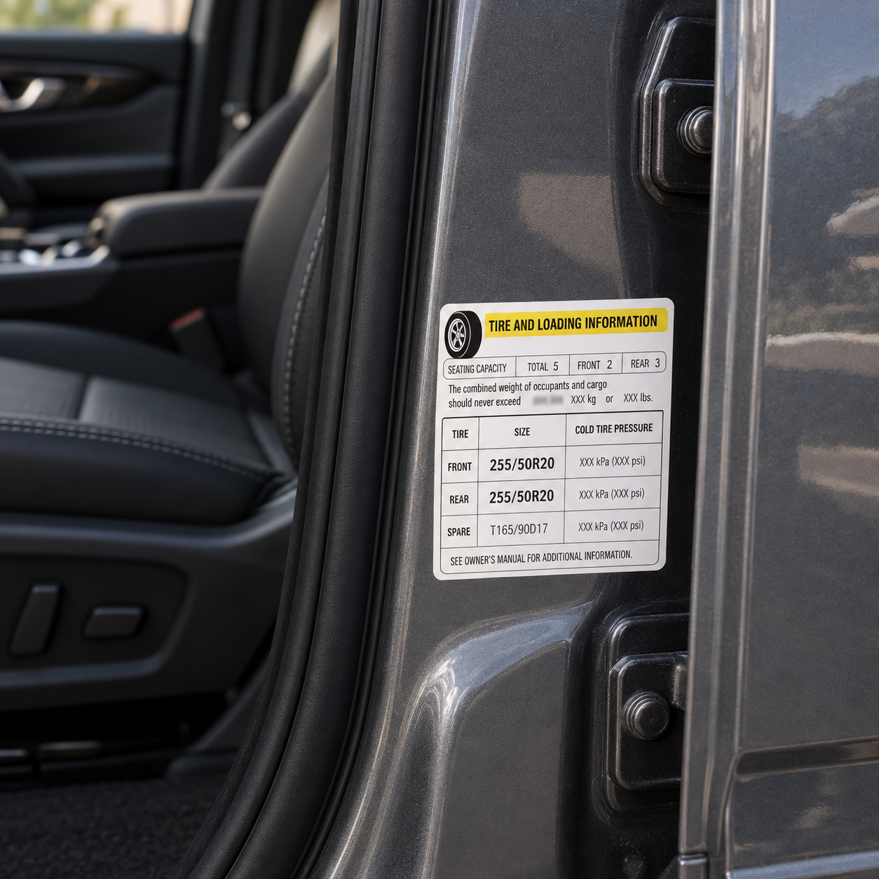 A tire and loading information placard inside a driver's door frame, listing the front and rear tire size 255/50R20.
