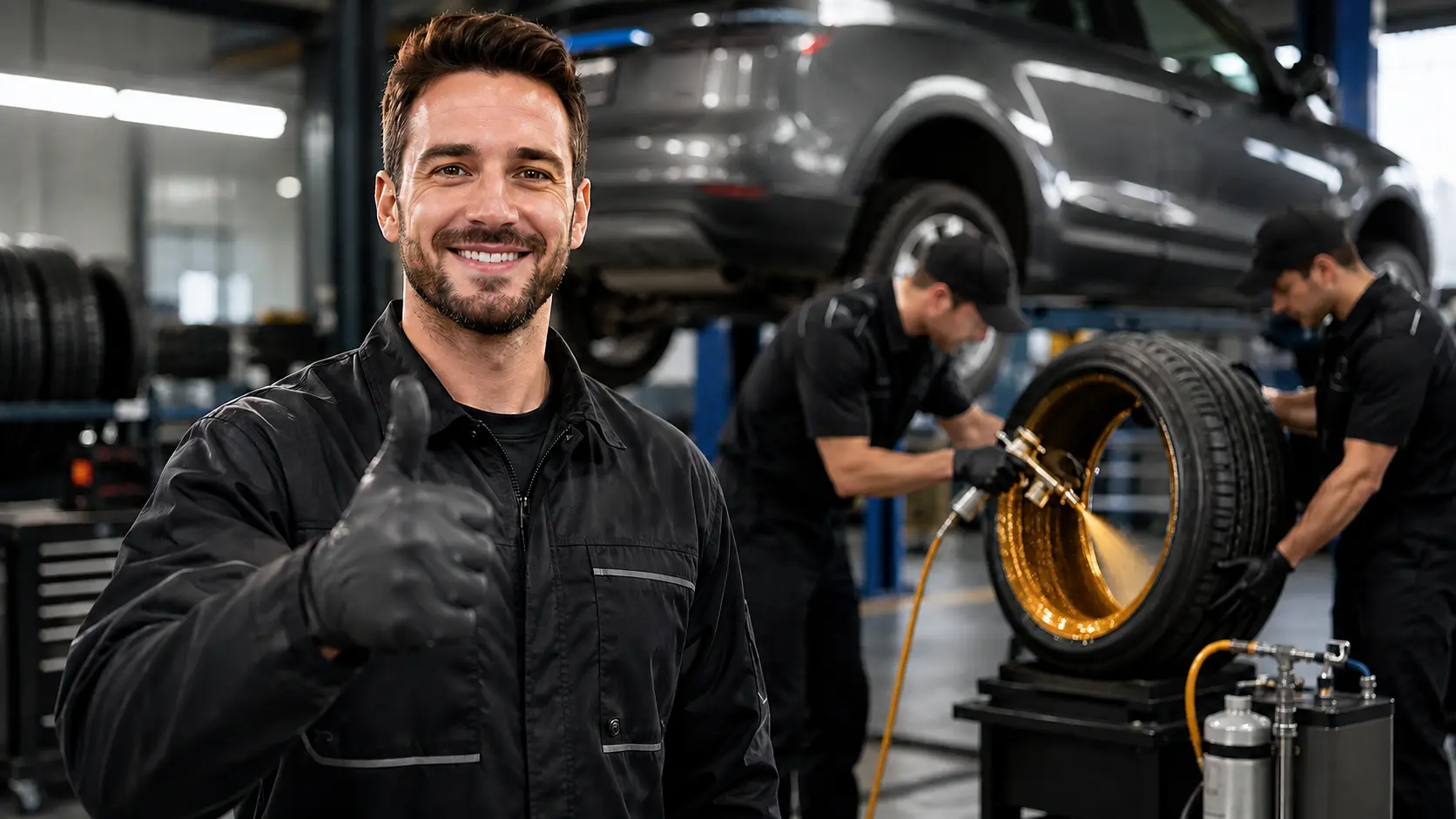 A certified applicator locating and preparing a tire for treatment