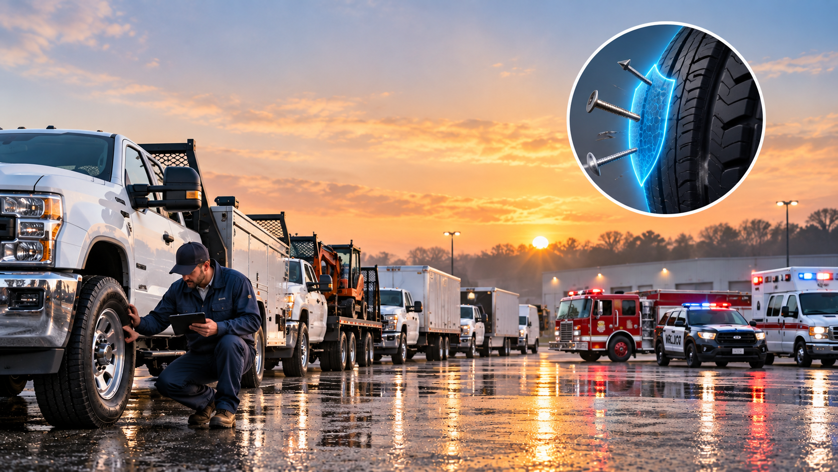 A fleet technician checking a truck's tire at a depot at dawn, with a line of service and emergency vehicles behind him