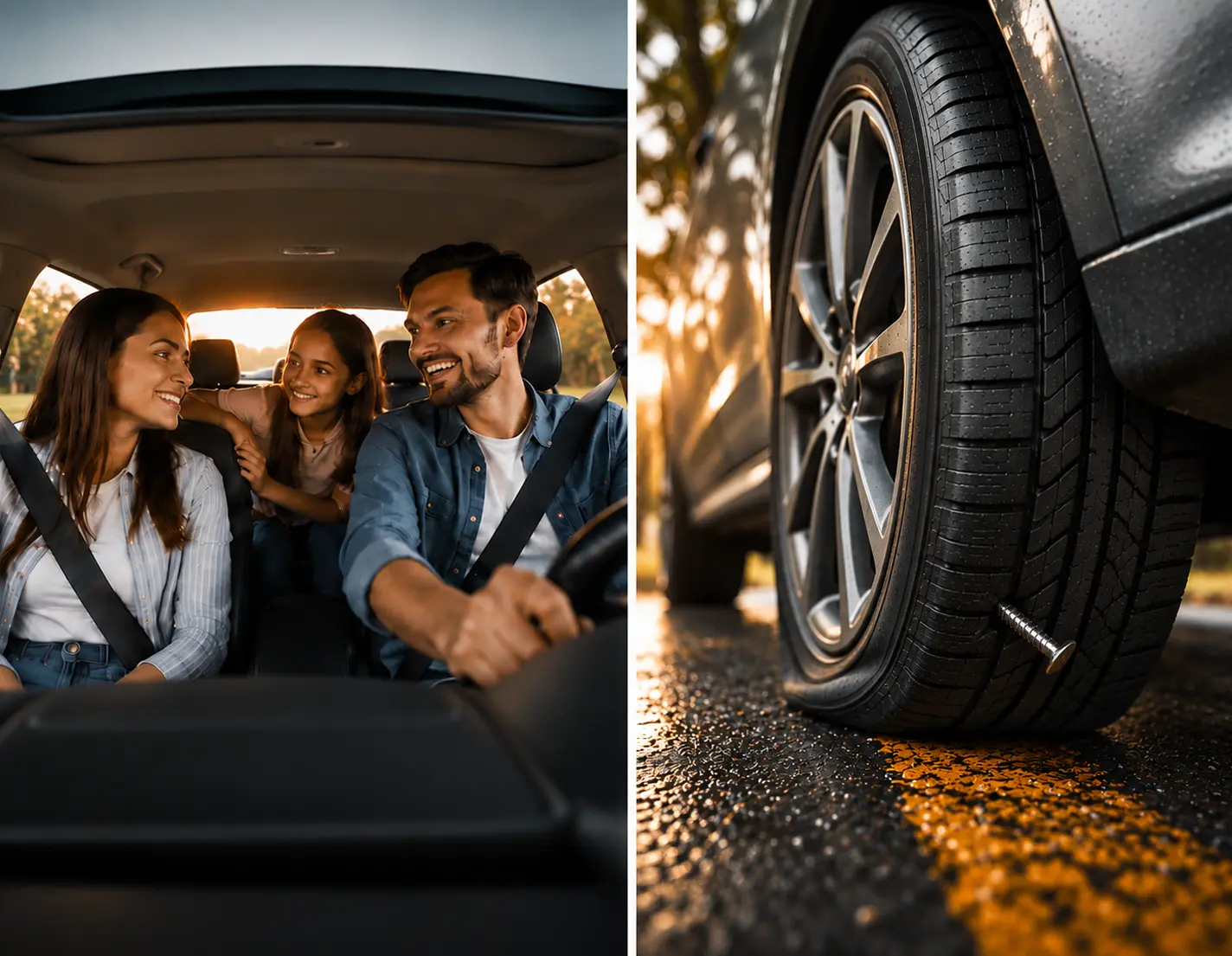 A treated tire resting on nails, with a family in the car behind
