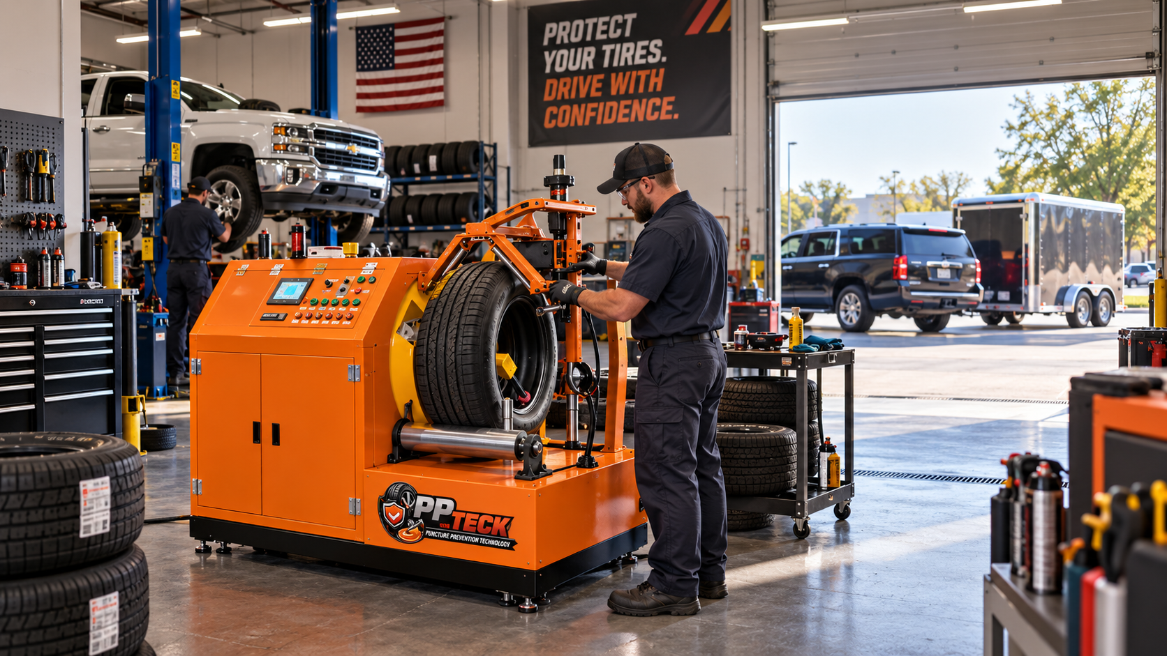 A certified applicator working on a tire in a service bay, with a customer's trailer visible through the open bay door