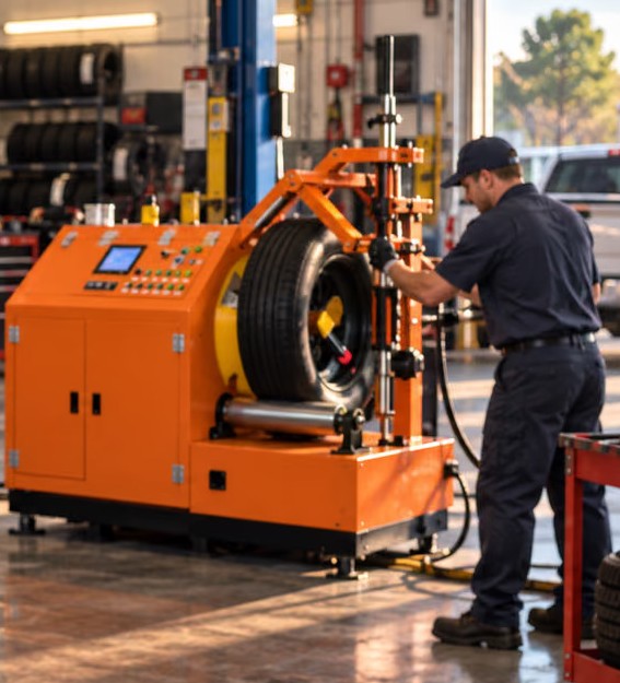 A technician at an orange PP Teck machine with a tire mounted on its spindle