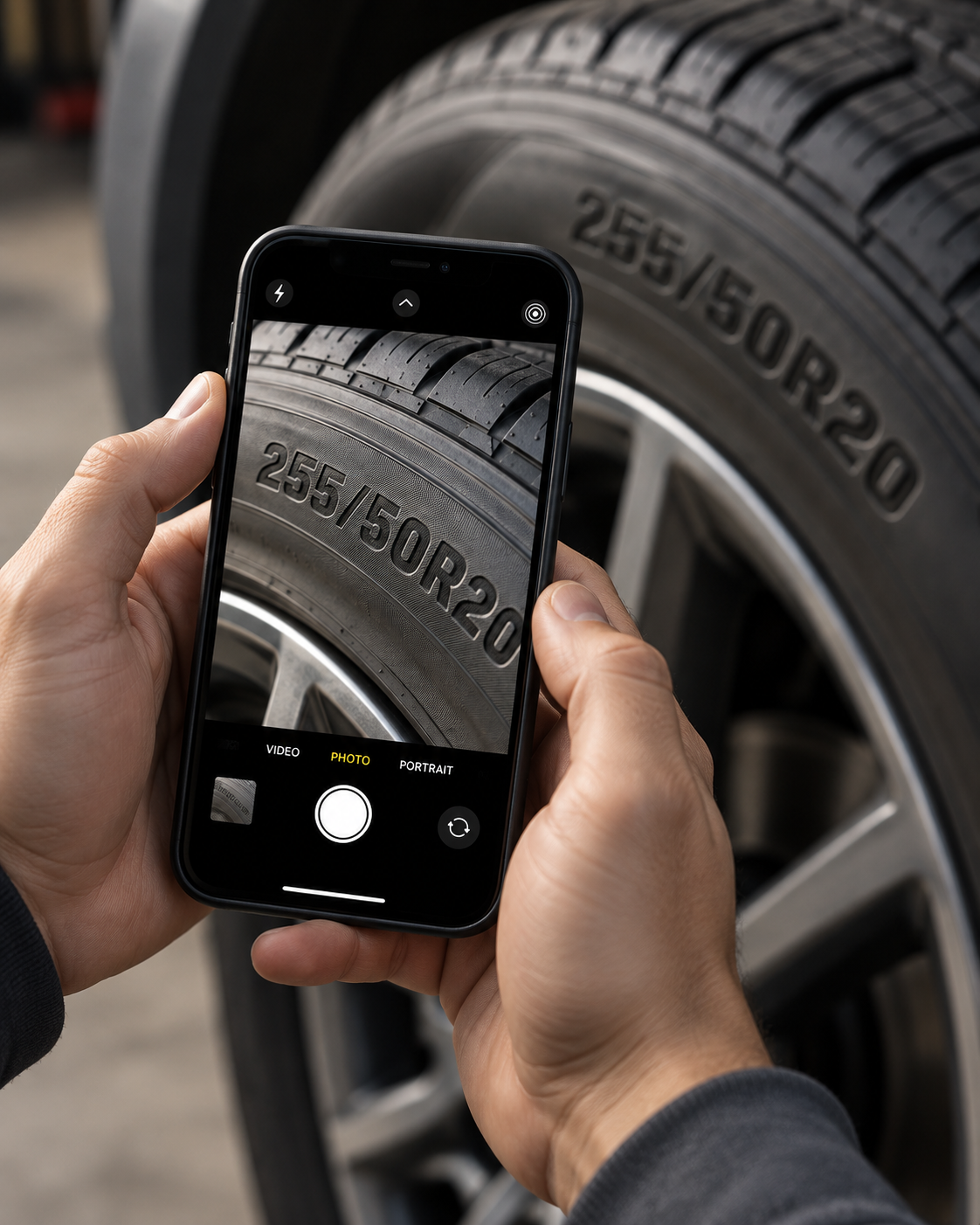 A phone held up to a tire's sidewall, its camera view showing the size 255/50R20.