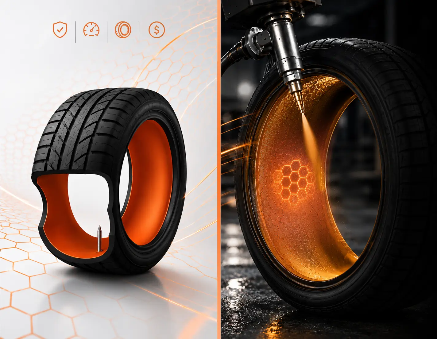 Cutaway tire showing the polymer coating