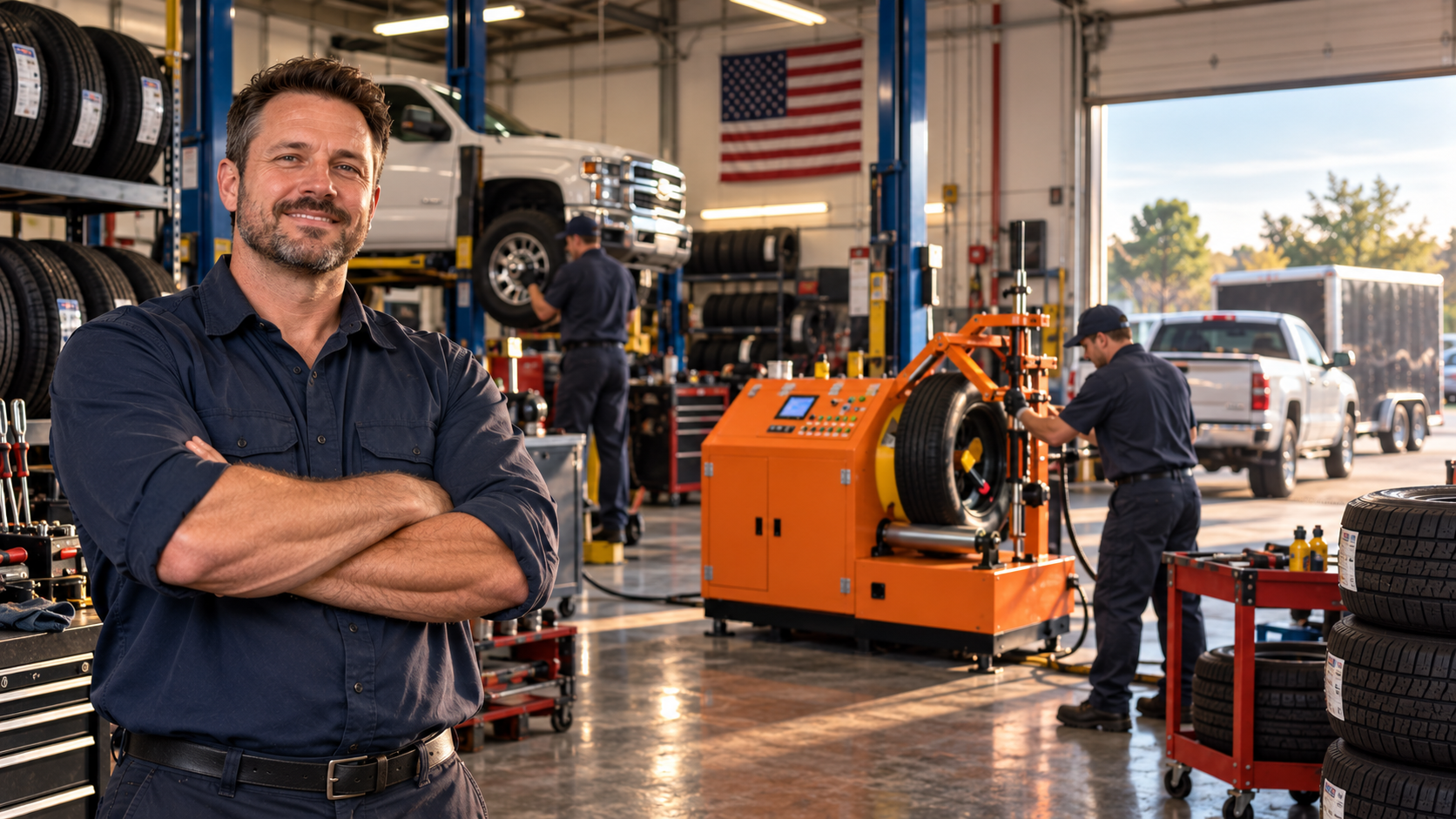 A tire shop owner standing with his arms crossed in his service bay, with his technicians working behind him