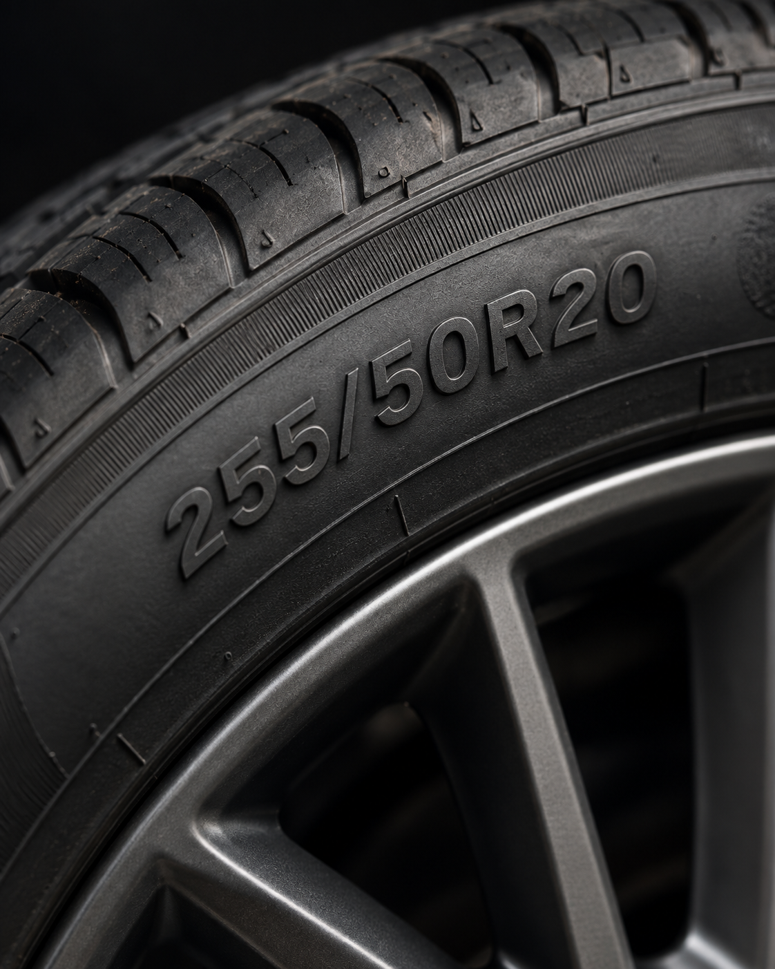 The size 255/50R20 molded into a tire's sidewall, above the wheel rim.